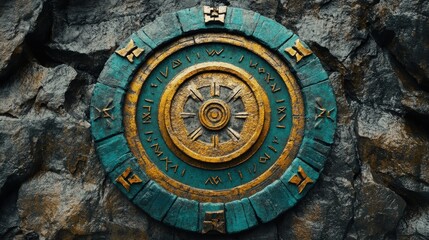 Obraz premium Ancient Symbolic Artifact Embedded in Dark Rocky Wall, Adorned with Intricate Patterns and Mysterious Inscriptions That Evoke a Sense of Adventure and Discovery