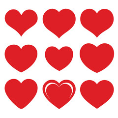  Set of Red Heart Flat Cartoon Icons. Romantic Abstract Symbols in Various Shapes for Valentine's Day.