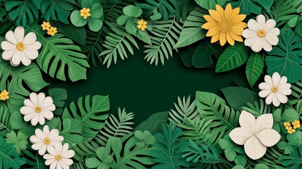 Tropical Floral Frame Lush Green Leaves and Paper Flowers