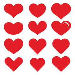  Set of Red Heart Flat Cartoon Icons. Romantic Abstract Symbols in Various Shapes for Valentine's Day.