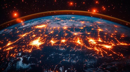 Obraz premium Breathtaking View of Earth from Space at Night, Showcasing Bright Lights and Cosmic Stars Above a Vibrant Blue Planet, Highlighting Urban Areas and Natural Features