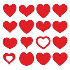  Set of Red Heart Flat Cartoon Icons. Romantic Abstract Symbols in Various Shapes for Valentine's Day.