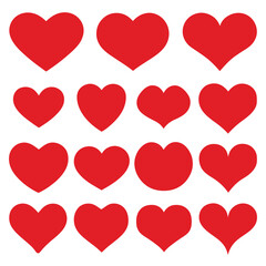  Set of Red Heart Flat Cartoon Icons. Romantic Abstract Symbols in Various Shapes for Valentine's Day.