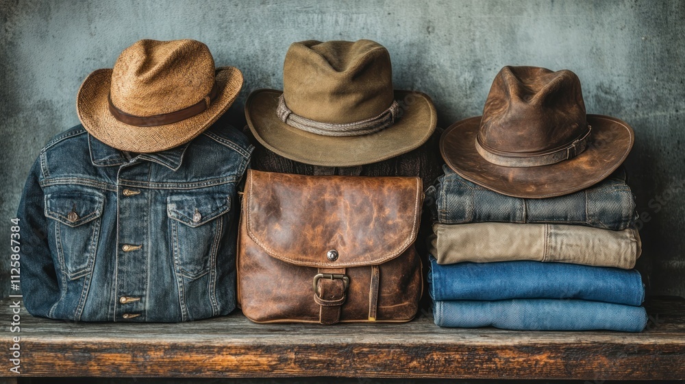 Sticker Denim jackets, leather bag, hats, and jeans on a wooden shelf.