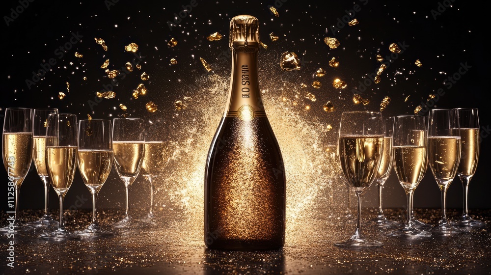 Poster champagne erupts from a beautifully designed bottle, creating a festive atmosphere with elegant glas