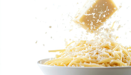 Fresh pasta being topped with grated cheese, creating a delicious culinary experience.
