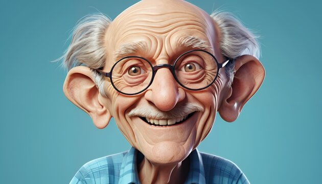 A cheerful 3D rendered portrait of a smiling elderly gentleman.  The image exudes joy and warmth.