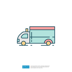 A simple illustration of a delivery truck, designed with minimalistic lines and colors, representing transport and logistics.