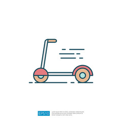 A stylized illustration of a scooter, depicted with motion lines to suggest speed and mobility. The design is simple and colorful, emphasizing leisure and transport.