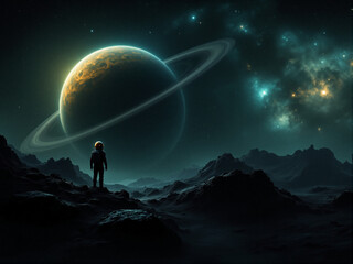 Obraz premium A lone astronaut stands on the edge of a moon, gazing in awe at the massive ringed planet