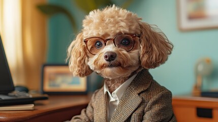 Smart Maltipoo Dog in Glasses and Suit at Desk