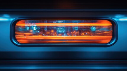 Obraz premium Dynamic Urban Night Scene with Colorful Light Trails Captured Through a Window Creating a Sense of Motion and Energy in a Modern Cityscape