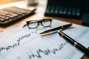 A workspace featuring financial charts, a calculator, glasses, and pens for analysis.