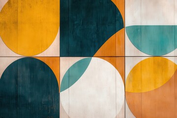 Abstract geometric mural featuring colorful shapes and patterns on a concrete surface.
