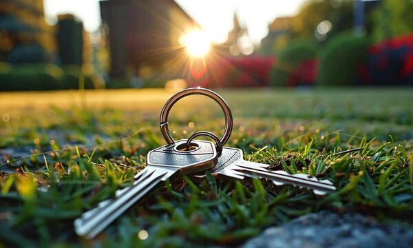 Two keys on a keyring rest in the grass at sunset.