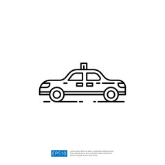 A simple line drawing of a taxi car, showcasing its side view with a light on top, emphasizing its role in urban transport.