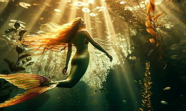 Underwater mermaid with long flowing hair, swimming amidst sunlit kelp forest and fish.