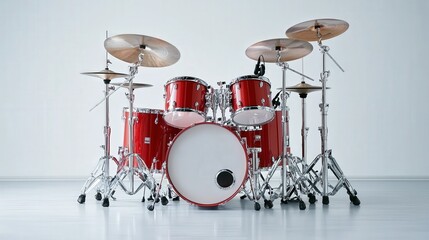 Obraz premium A drum set with red drums and silver cymbals.