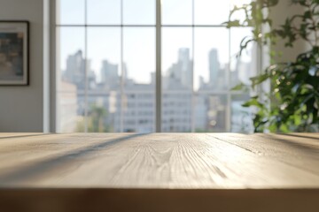 Fototapeta premium Sunny morning view from a wooden table near a large window overlooking a city.