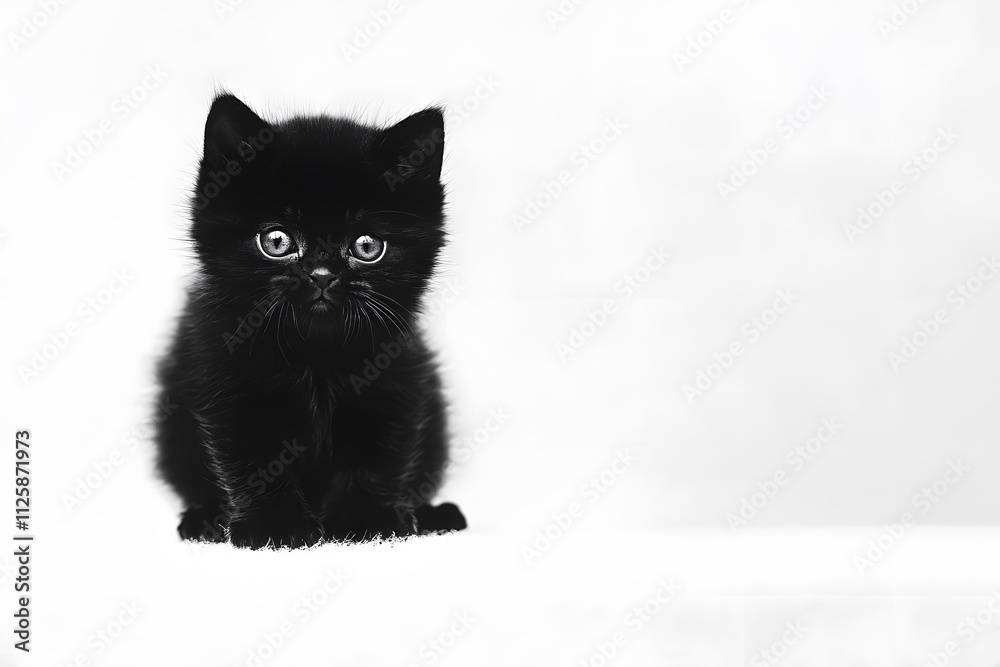 Poster Small black kitten isolated on white background, cute and playful