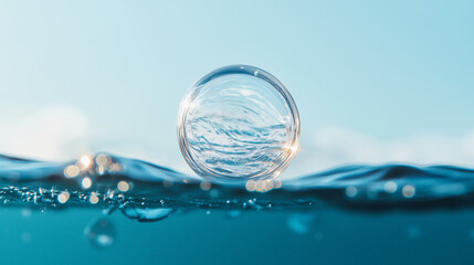 Ocean's Embrace: Crystal Sphere floats serenely on the water's surface, capturing the interplay of light and water. A mesmerizing image evoking tranquility and the beauty of nature. 