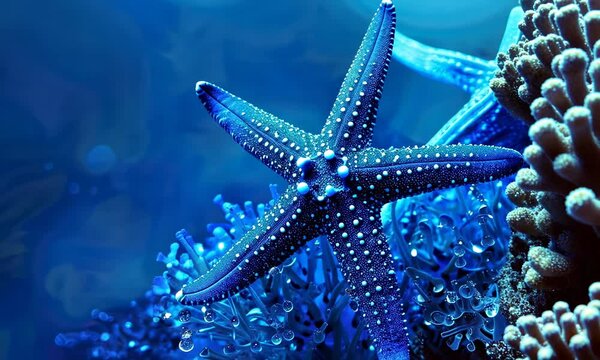 Two blue starfish underwater with textured surfaces on coral reef