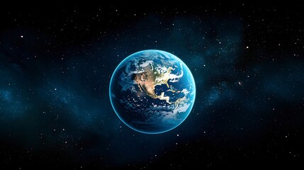 Stunning View of Planet Earth from Space, Illuminated with City Lights, Surrounded by Stars and Cosmic Glow, Highlighting North America and the Blue Oceans in a Vast Galactic Background