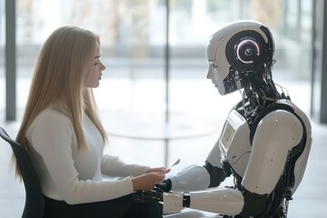 A concept of AI-driven management systems at work, with smart assistants helping to create and track the 2025 company plan, and employees accessing this data through wearable devices.