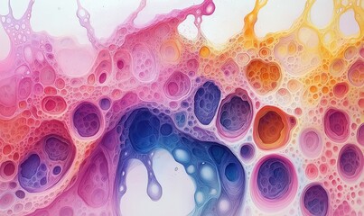 Watercolor background, various cells showcasing intricate details.