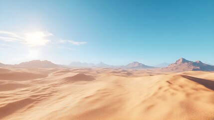 Fototapeta premium Vast Desert Landscape Under Clear Blue Skies with Rolling Sand Dunes and Distant Mountain Ranges Capturing the Serene Beauty and Heat of an Arid Natural Environment in Daylight