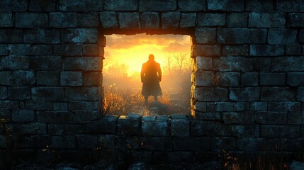Silhouetted Figure Standing in a Ruined Stone Wall Against a Dramatic Sunset Landscape with Golden Hues and Eerie Atmosphere in an Abandoned Setting
