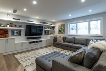 Contemporary modern living room with a modular gray sofa, textured area rug, and a floating entertainment unit with built-in LED lighting. interior design concept 
