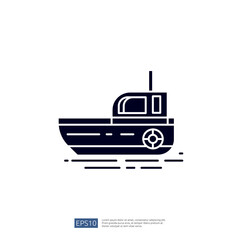 A simple graphic illustration of a boat, showcasing a side view with a cabin and a propeller, representing transport and leisure on water.