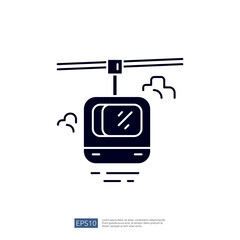 A minimalist illustration of a cable car, depicting a suspended gondola with a simple design and motion lines, suggesting movement through the air.