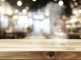 Empty wooden table with steam in blurred cafe background.