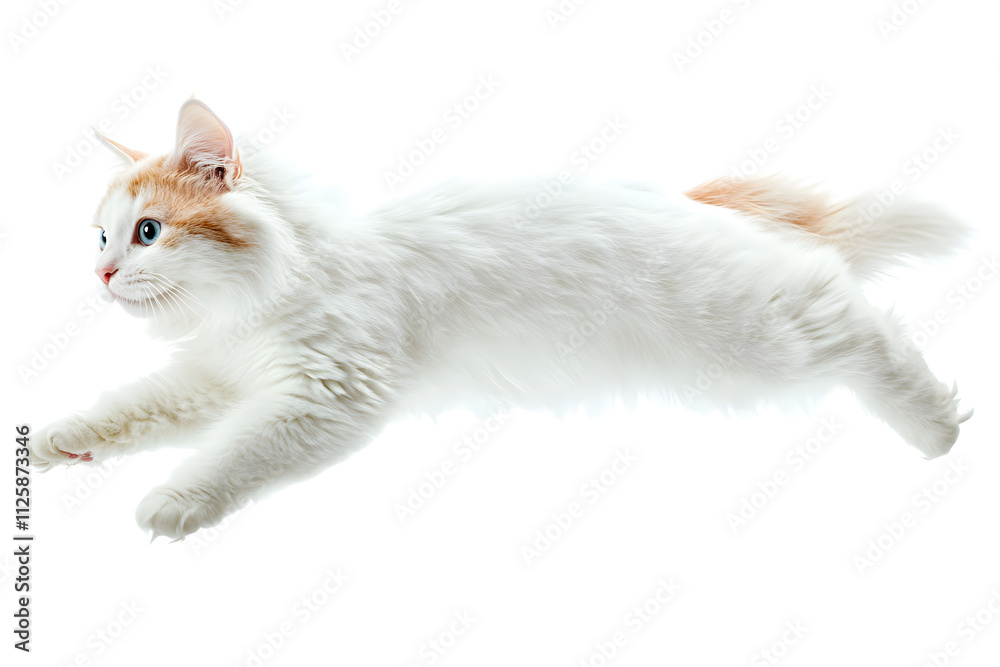 Poster Turkish Van cat captured mid-pounce on a white background, showcasing its playful and energetic nature.