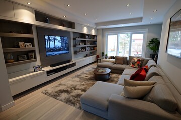 Contemporary modern living room with a modular gray sofa, textured area rug, and a floating entertainment unit with built-in LED lighting. interior design concept 