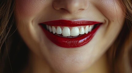Closeup of a smiling woman with bright red lips