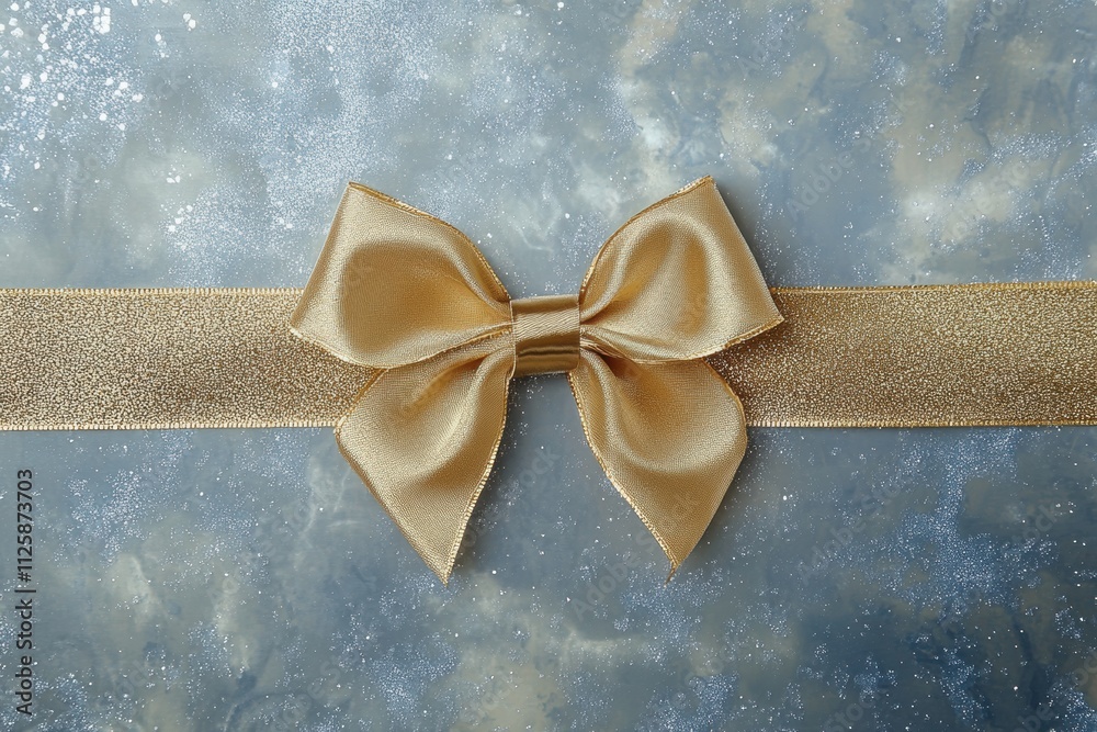 Poster this image showcases a luxurious golden ribbon tied in an elegant bow against a sparkling surface, p