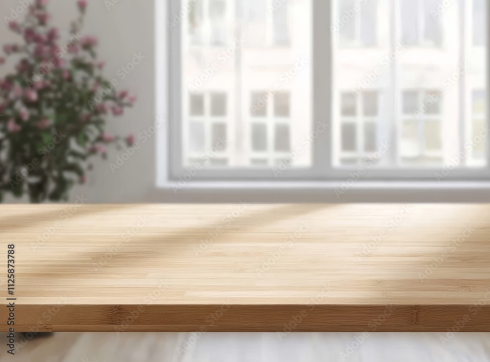 Canvas Prints empty light wood table top near window with blurred city view and flowers.