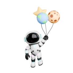 Space-Themed Chibi Astronaut Character 3D Model. A chibi astronaut stands holding a planet balloon in his left hand, flying expression. Cartoon Style