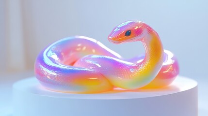 Fototapeta premium Colorful iridescent snake sculpture on a white platform