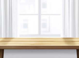 Fototapeta premium Empty light wood table against bright window with white curtains.