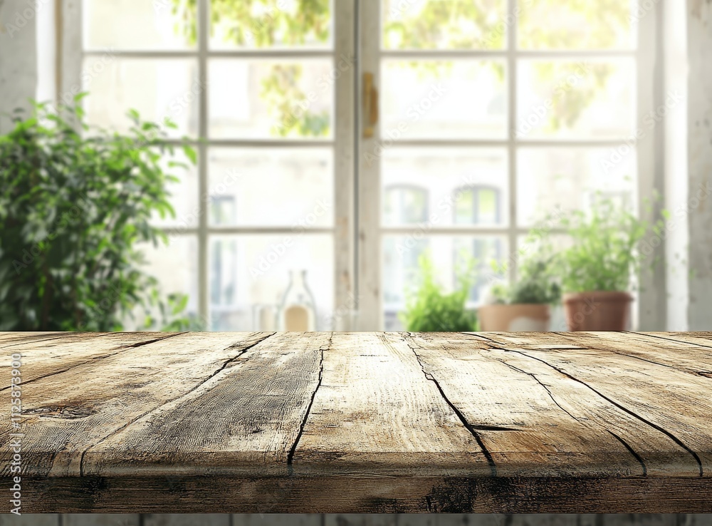 Wall mural Rustic wooden table against bright window background.