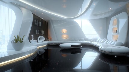 Fototapeta premium Futuristic modern living room with a curved white sofa, glossy black flooring, and LED-lit furniture for a sleek and high-tech atmosphere. interior design 