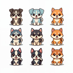 Fototapeta premium Cute dogs vector set. Cartoon dog or puppy characters design collection with flat color in different poses. Set of funny pet animals isolated on white background. Smooth PNG version.