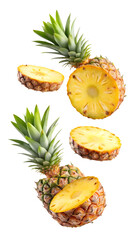 flying pineapple fruit and half slices isolated on transparent white background, clipping path