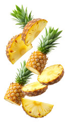 flying pineapple fruit and half slices isolated on transparent white background, clipping path