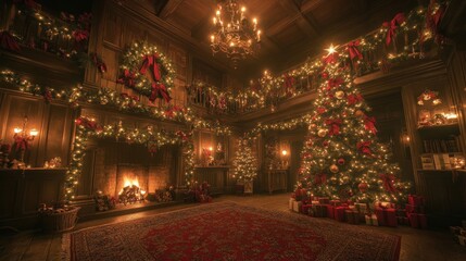 Festive Christmas interior, grand room with decorated tree and fireplace.
