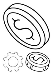 Coins with dollar signs and gear. Ideal for finance, economics, investment, technology, business startup and strategic planning themes. Line metaphor. Line metaphor. Simple line icons